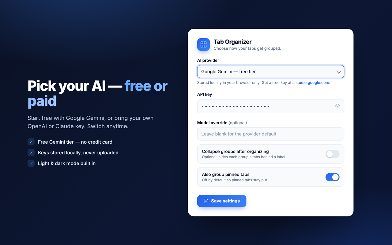 AI Tab Organizer settings screen